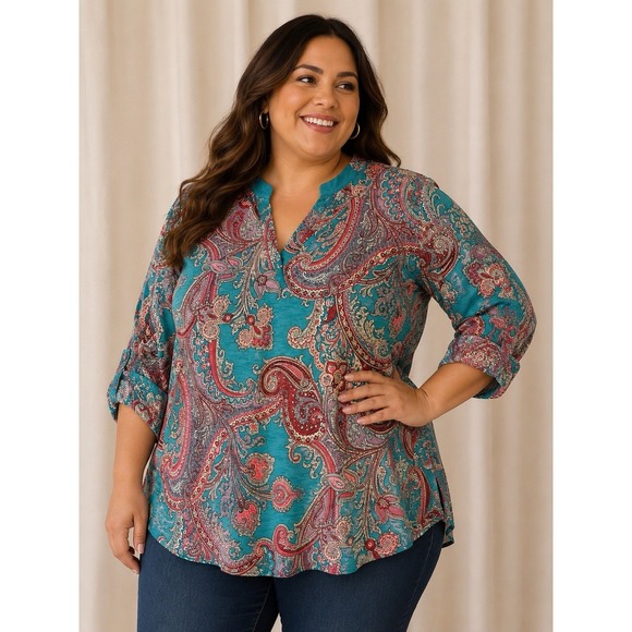 Dear Scarlett Tops - Dear Scarlett Plus Size Women's Top Blouse XL Will Fit 1X Blue Teal Paisley NWT